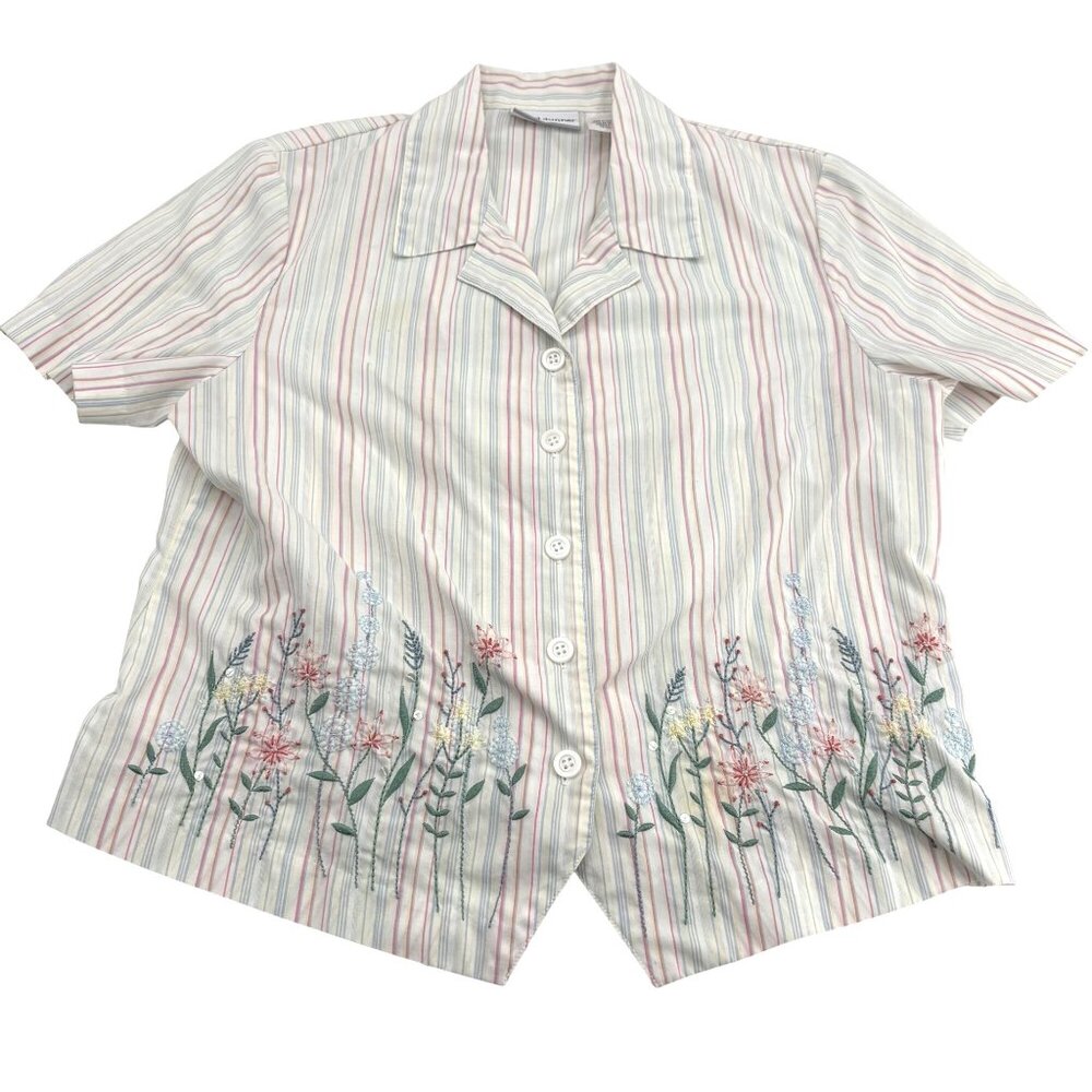 Alfred Dunner Petite Striped Floral Embroidered Button-Up Shirt‎ 10P